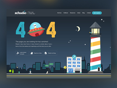Schudio 404 page design 404 cartoon error flat illustration