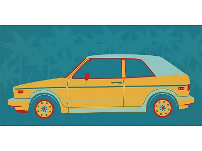 Yellow Day Dream car digital illustration palm trees vector vintage