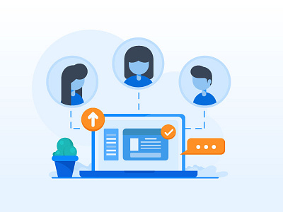 Illustration blue illustration laptop orange people upload