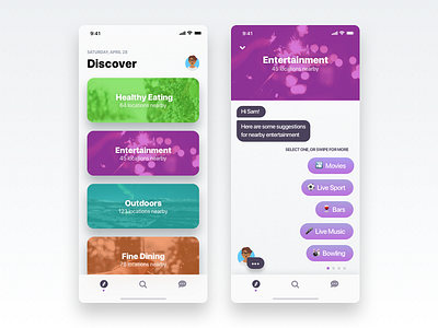 Chatbot search app concept cards chatbot emoji location message messaging search ui ux