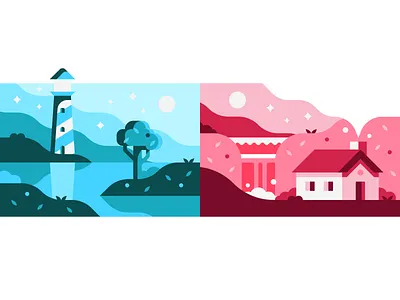 Lighthouse / Cottage by a waterfall cottage design flat illustration lighthouse minimalism minimalist
