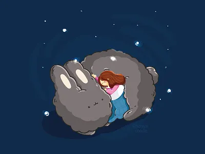 Big dreams 2d vector childrenillustration digital doodle girl. cute hannahdoodle illustration lights night rabbit stars vector