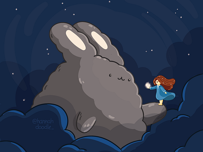 Totoro style 2d vector childrenillustration cloud cute digital doodle girl light night rabbit stars vector