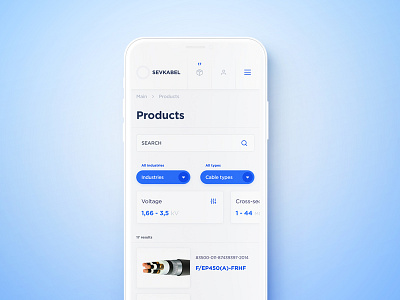 Cable company interface blue cable catalog filter flat industrial interface minimal mobile white