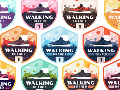 Badges | "Wellness Journey Merit Badge: Walking For a Week" badges branding color design fitness illustration shoes vector wellness workout