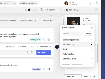 Quick replies I. app appdesign customer care dashboard desktop interaction replies ui userexperience userinterface ux