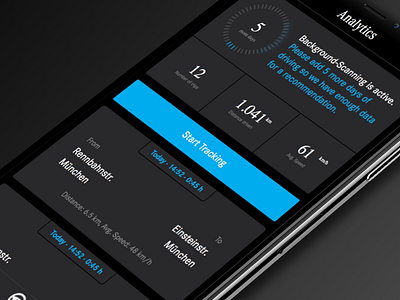 Driving analytics analytics app blue cards dark dashboard font grey iphone white