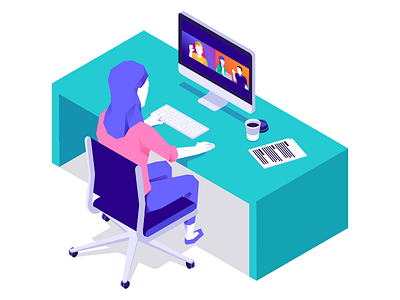 Isometric Office Worker communication illustration isometric office video conferencing