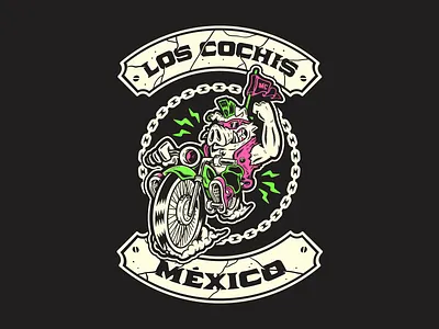 Los Cochis Mx badge black cartoon chain freak illustration lowbrow motorcycle speed strong weirdo wheels
