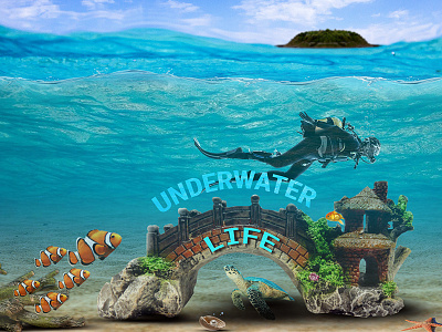 UNDERWATER COMPOSTION aquatic plants castle fish sea sky star fish underwater wave