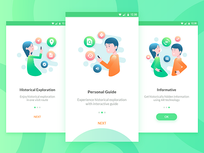Onboarding of KRB Heritage android app character clean design historical illustration material mobile onboarding screen welcome