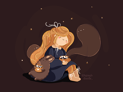 Cozy coffee break. cozy cute girl hannahdoodle lights rabbit vector vectorart