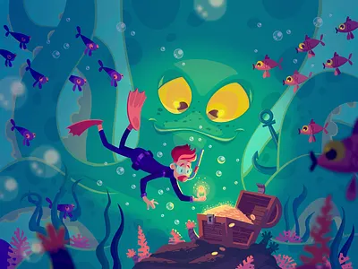 A treasure hunter character design diver fireart fireart studio illustration treasure underwater vector