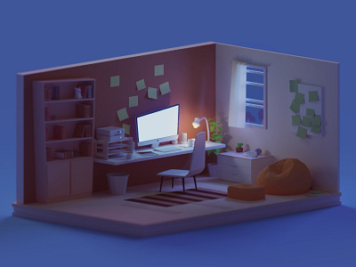 Deadlines (The night version) b3d blender computer deadlines desk freelancing illustration isometric keyboard low poly office render