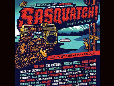 Sasquatch 2018 Poster Artwork By Ames Bros ames bros bon iver david byrne jai wolf modest mouse ray lamontagne sasquatch sasquatch music festival spoon the national tyler the creator