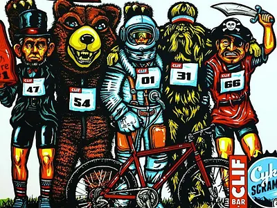 Ames Bros Clif Bar Cykel Scramble Artwork abe lincoln ames bros astronaut bear clif bar cykel scramble pirate sasquatch