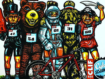 Ames Bros Clif Bar Cykel Scramble Artwork abe lincoln ames bros astronaut bear clif bar cykel scramble pirate sasquatch