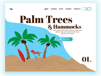 Take a breather, baby blue coconut trees green hammock hat landing page palm trees sand surboard ui wine