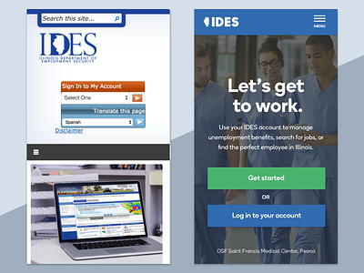 Illinois Department of Employment Security funemployment government hamburger menu illinois landing page signup ui unemployment