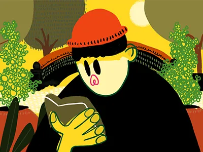 Reading on holiday airbnb book character drawing illustration plants portrait reading trees