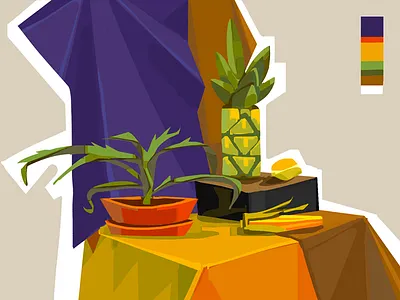still life with pineapple 2d aloe art cg digital fruits illustration lemon study style table