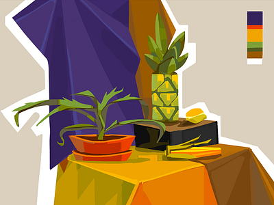 still life with pineapple 2d aloe art cg digital fruits illustration lemon study style table