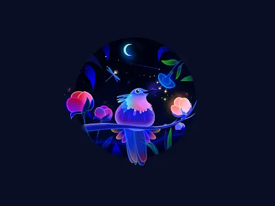 Bird artua bird flat style flowers game art game design illustration moon nature night tree
