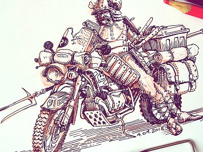 Moto samurai 2 character design concept art cross hatching ink drawing