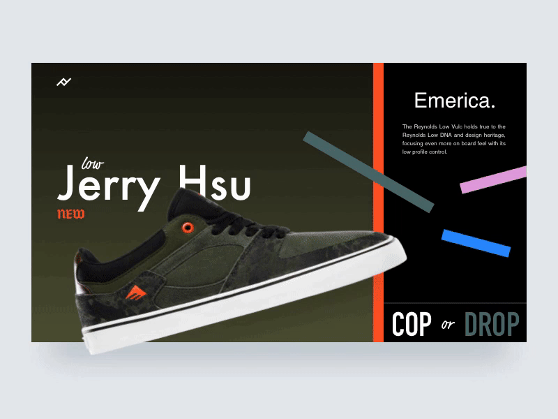 COP or DROP dark drop footwear landing page shoes skateboarding sneakers split screen transition