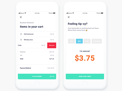 Tipsy - Mobile Drink Ordering App alcohol app bar checkout design drink drinks flat food mobile order payment queue receipt restaraunt restaurant tip ui ux vector