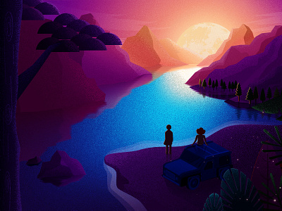 A date under the moonlight car illustrations lake landscape lovers moon night scene scenery