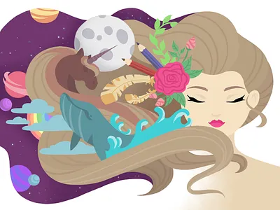 Designer’s Mind designer flower girl hair illustration mind moon planet space unicorn whale wix playoff