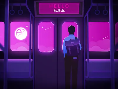Hello Dribbble! blue boy boyfriend design dribbble figure first hello hello dribbble illustration invite man night pink shot subway train web