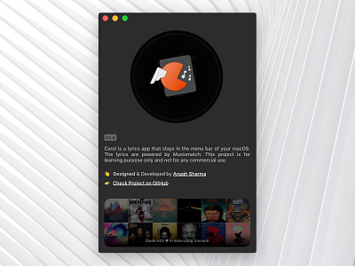 Carol - About screen about about screen blur dark ui lyrics mac mac app macos menu bar music real project window