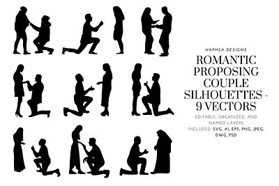 Romantic Proposing Couple Silhouettes - 9 Vectors adobe art couples design eps graphic design illustration illustrator love people proposals romantic silhouettes svg valentines valentines day vector art