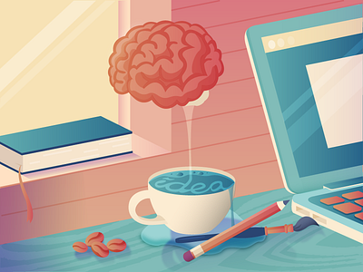 A Cup Of Idea book brain coffee colours cup gradient idea illustration macbook pencil vector