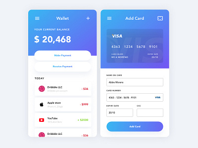 Wallet bank card e wallet gradient shadows ui ux