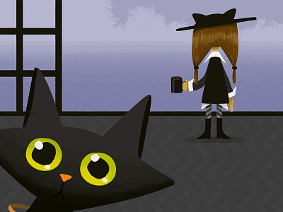 Morning coffee black cat coffee girl illustration morning sea storybook