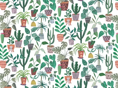 House Plants cactus cats design house plants illustration painted pattern plants print