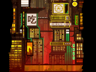 Neon 8 bit animated art building city cityscape cyberpunk gif illustration neon pixel scifi