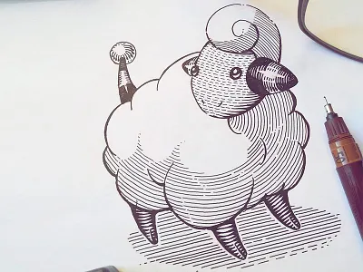 Mareep or an electric sheep chase editorial engraving gravure ink pokemon sketch woodcut