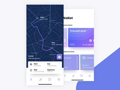 Route Planning App color destination flat gradient navigation route traffic train user interface ux wallet widget