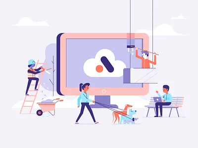 Big screen community computer data dog illustration park patswerk people screen teamwork vector