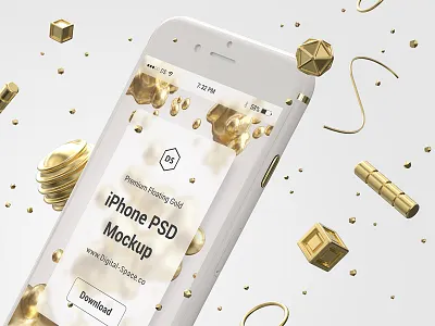 Floating Gold iPhone Psd Mock-Up - Close-Up 3d app gold iphone mobile mock up mockup photoshop plastic psd ui white