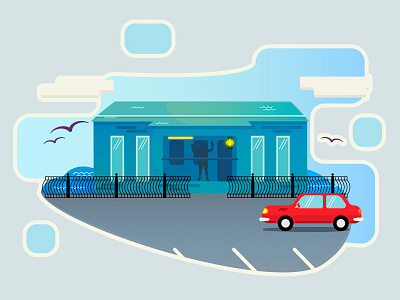 Bar on the water clouds house illustration parking sky vector graphics water