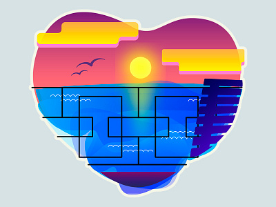 Sea sunset balcony heart illustration loggia sea sunbed sunset