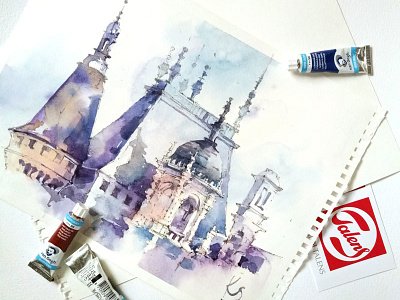 Arch architecture building city ensemble house sketch tower watercolor
