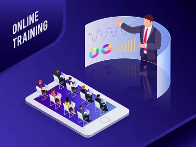 Isometric concept Online Training 3d business computer concept isometric meeting online people phone room training vector