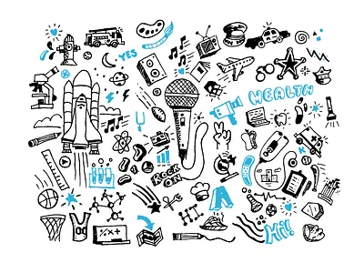 Doodles collage doodles freehand hand drawn health icons lettering music science sports