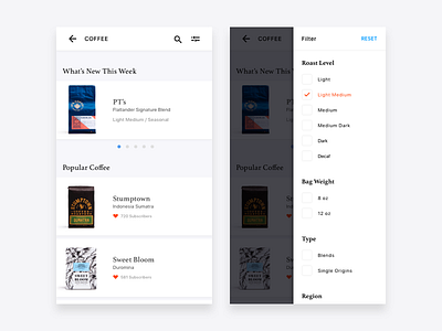 Coffee App app clean coffee ecommerce filter minimal mobile shop
